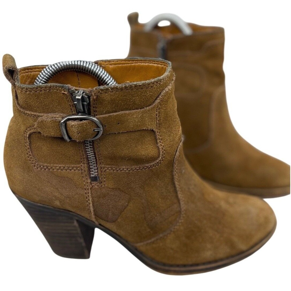 Lucky Brand Everalda Brown Suede Ankle Boots Zip Buckle Western Heel Size 8.5